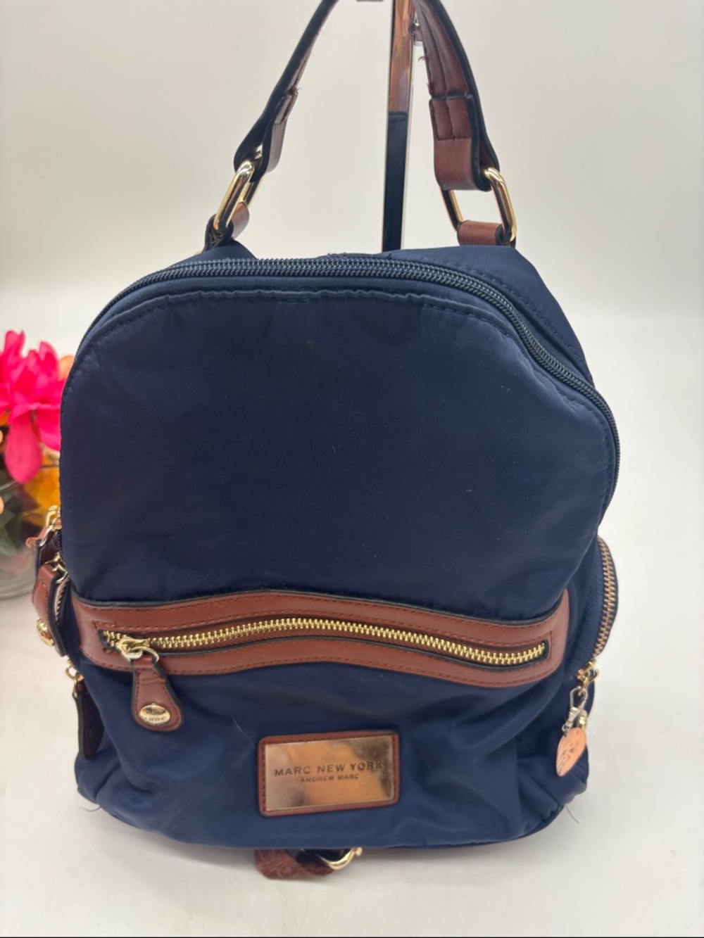 Marc New York Navy Backpack with Brown Trim and Gold Hardware MCB9975B